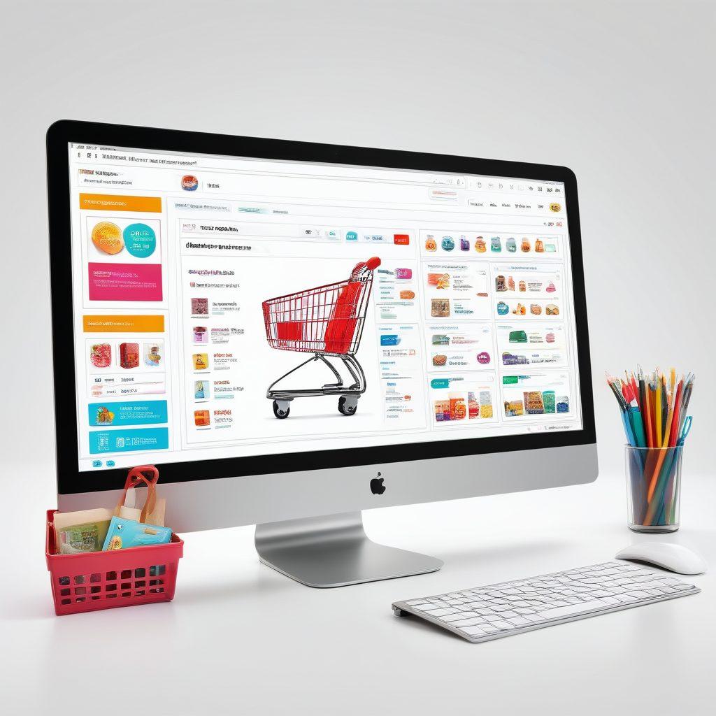 A sleek computer screen displaying an organized online store layout with vibrant product images and categorized sections. Include an engaging shopping cart icon, colorful price tags, and dynamic product highlights such as 'Best Sellers' and 'Discounts.' In the background, illustrate a happy consumer browsing thoughtfully, showcasing the joy of smart shopping. Highlight elements of technology like digital payment icons and data graphs. super-realistic. vibrant colors. clean white background.