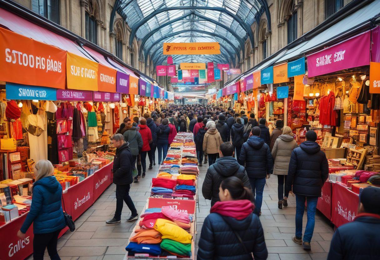 A vibrant marketplace scene with a diverse group of people browsing various e-commerce stalls, showcasing colorful banners advertising special offers and clearance items. Include digital devices displaying online shopping platforms, and add contrasting prices to highlight deals. Infuse energy with dynamic graphics indicating discounts and clearance tags. Capture the essence of online shopping in a lively environment. vibrant colors. 3D.
